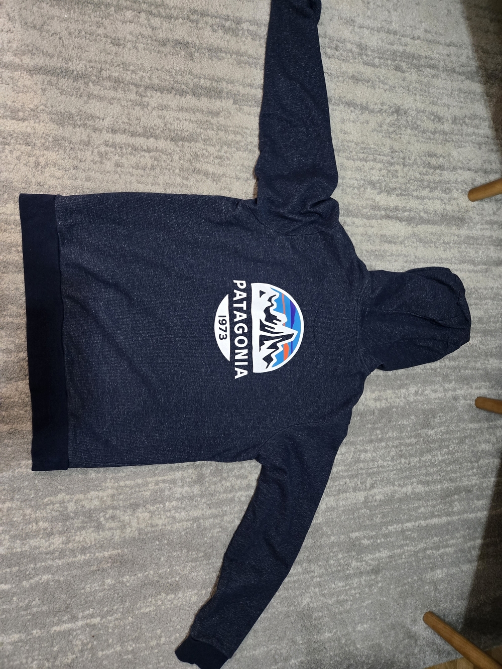 Patagonia Navy Full Zip Hoodie with Multicolor Mountain Logo